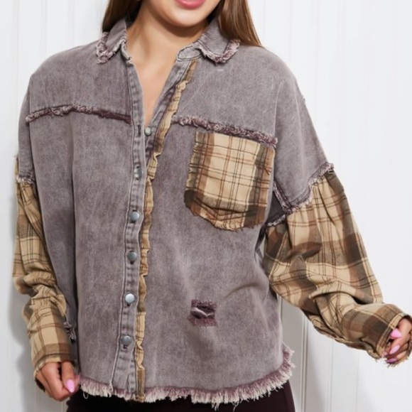 POL Plaid Patchwork Button-Up Jacket Size S Oversized Boho Slouchy Raw Hem - Picture 13 of 13